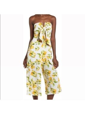 Socialite Strapless White Lemon-Print Wide-Leg Jumpsuit